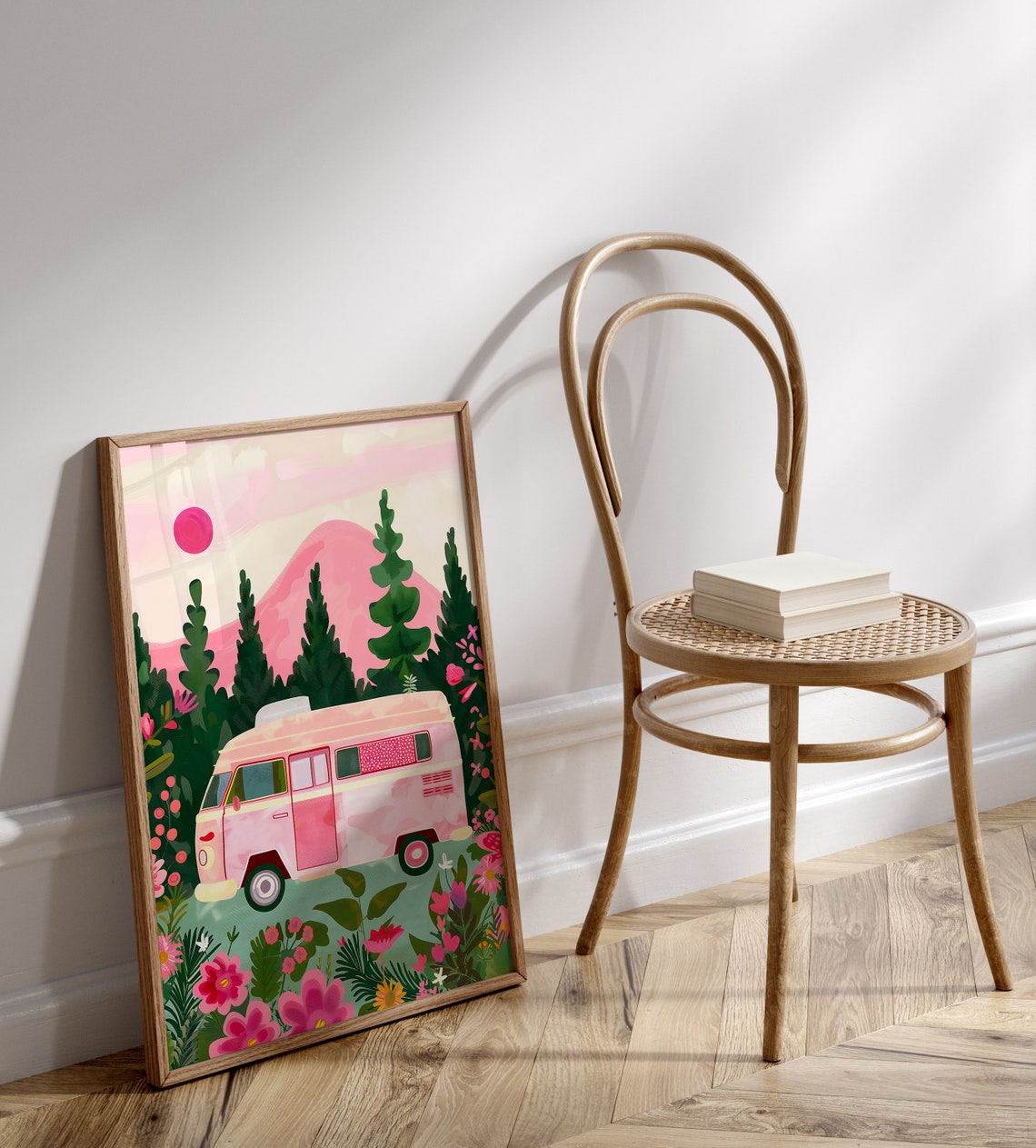 Pink Campervan In A Pine Forest Surrounded By Wildflowers Print - Image 3