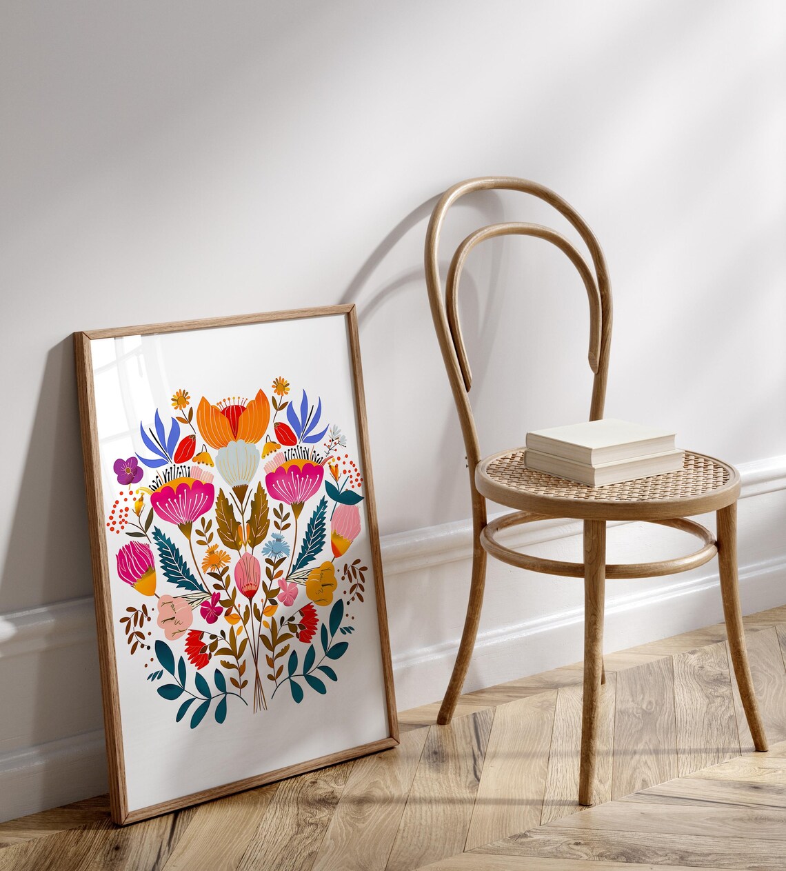 Scandinavian Folk Art Colorful Flower Bouquet Heart Motif Print - Image 3