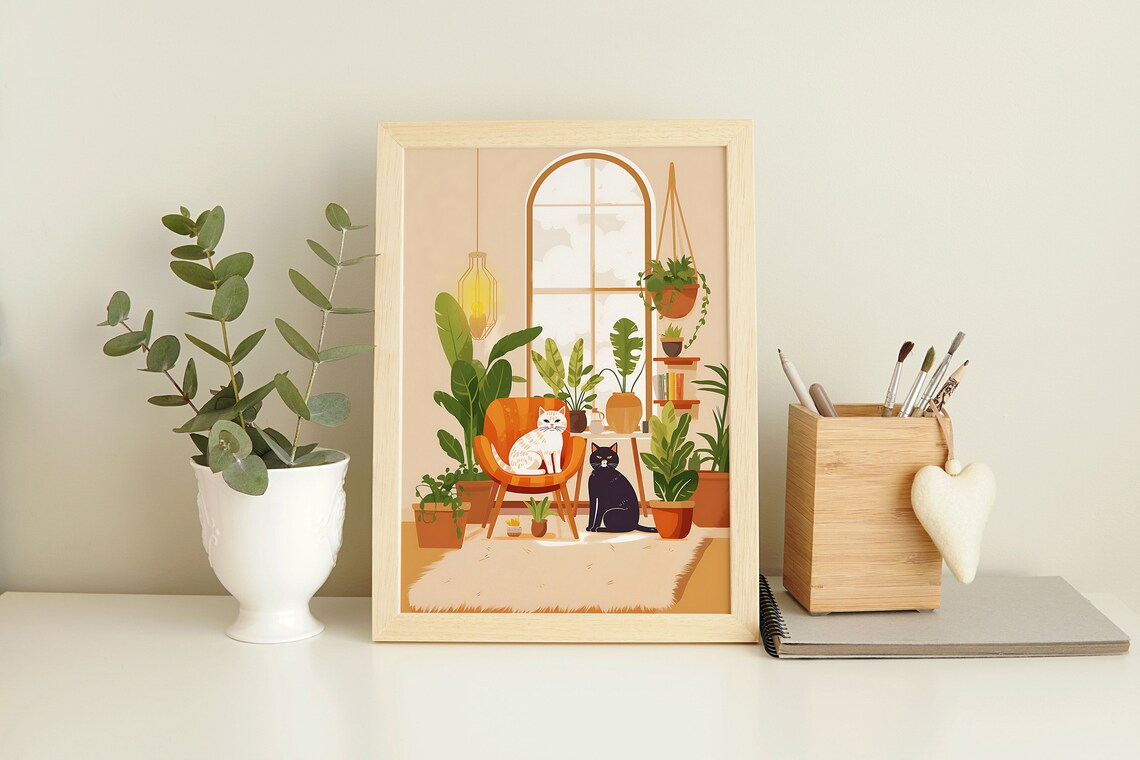Boho Home Garden With Two Cats Wall Art Print - Image 3