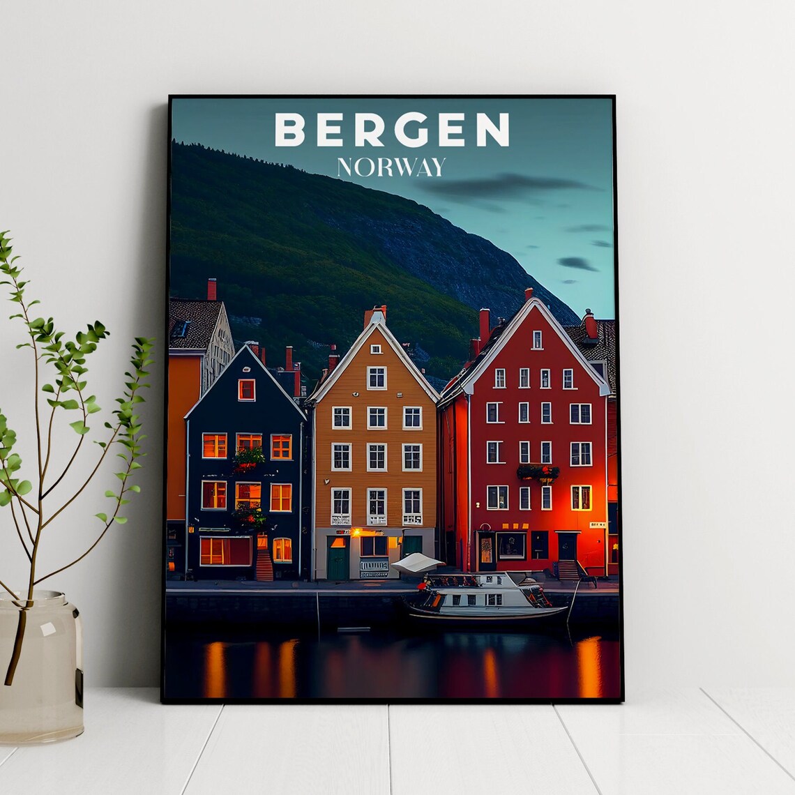 Bergen Travel Illustration, Norway Cityscape Art Print