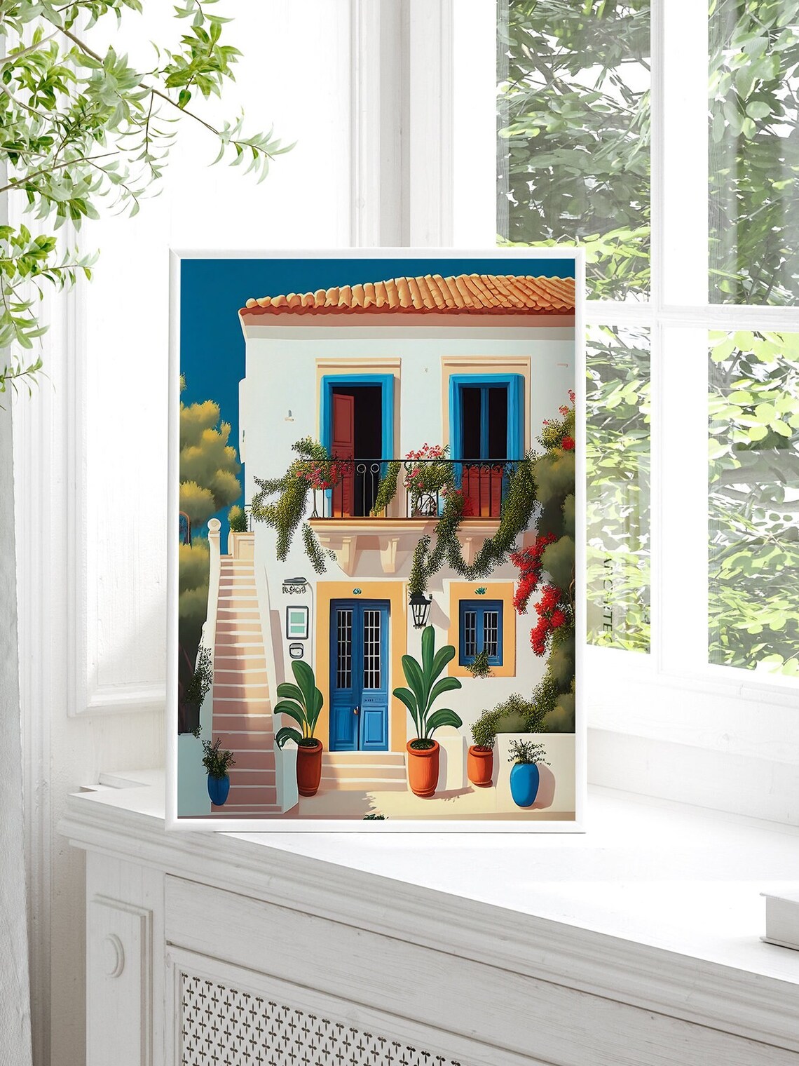 Greek Villa White House Blue Doors Bougainvillea Terrace Print - Image 4