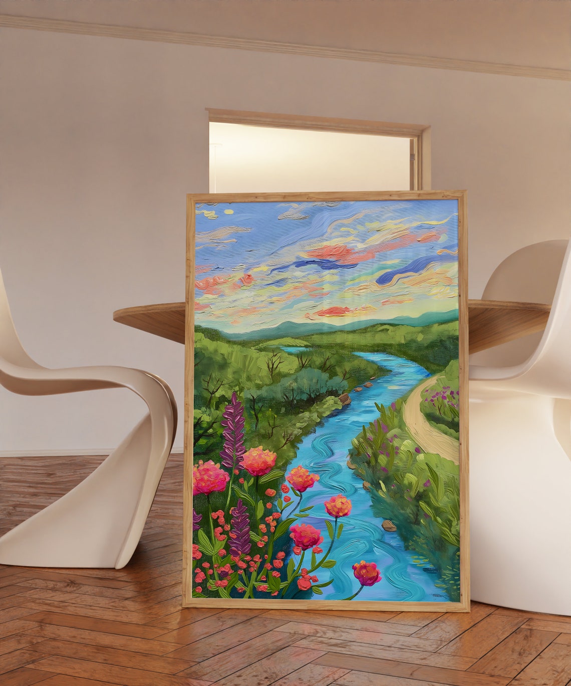 River Through Flower Field Sunset Landscape Impressionist Poster - Image 3