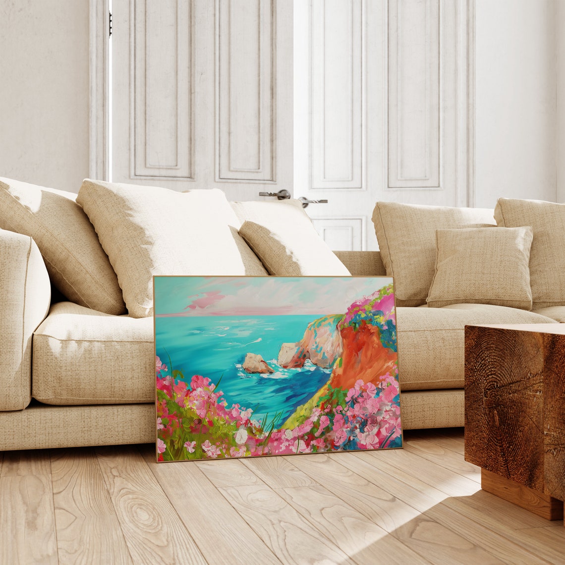 Turquoise Seaside Cliffs Pink Wildflowers Coastal Cove Wall Art - Image 3