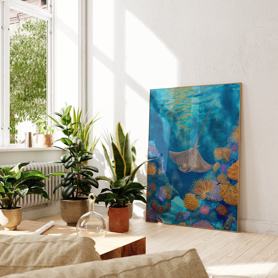 Spotted Eagle Ray Gliding Over A Vibrant Coral Reef Scene Poster - Image 2