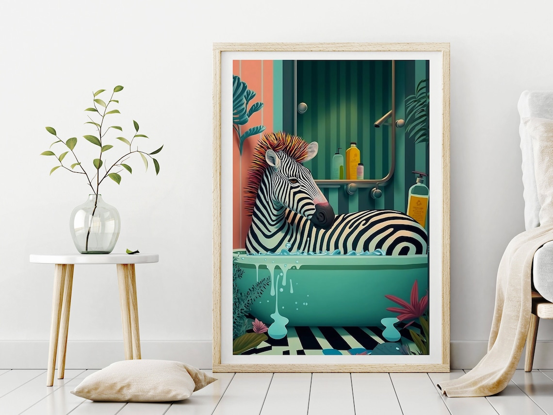 Cute Zebra In A Tub Maximalist Bathroom Art Print