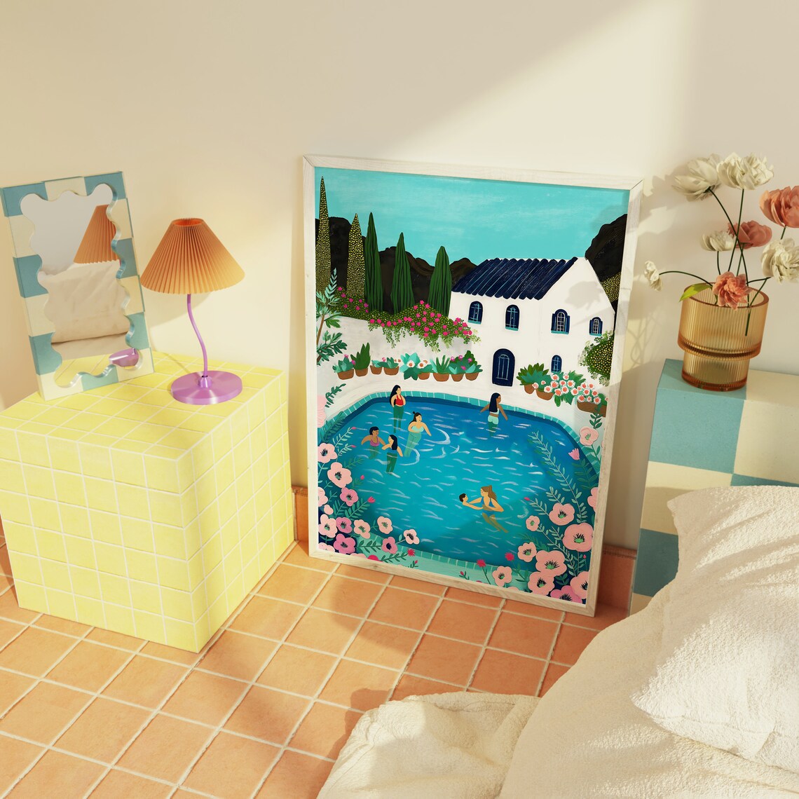 People At Pool Illustration Cute Retro Swimming Pool Summer Wall Art Pool House Decor - Image 3