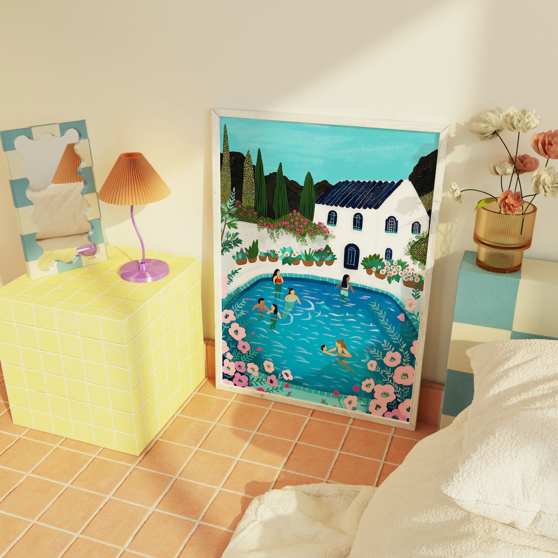 Swimming Pool Illustration Retro Women In Pool Floral Summer Wall Art - Image 3