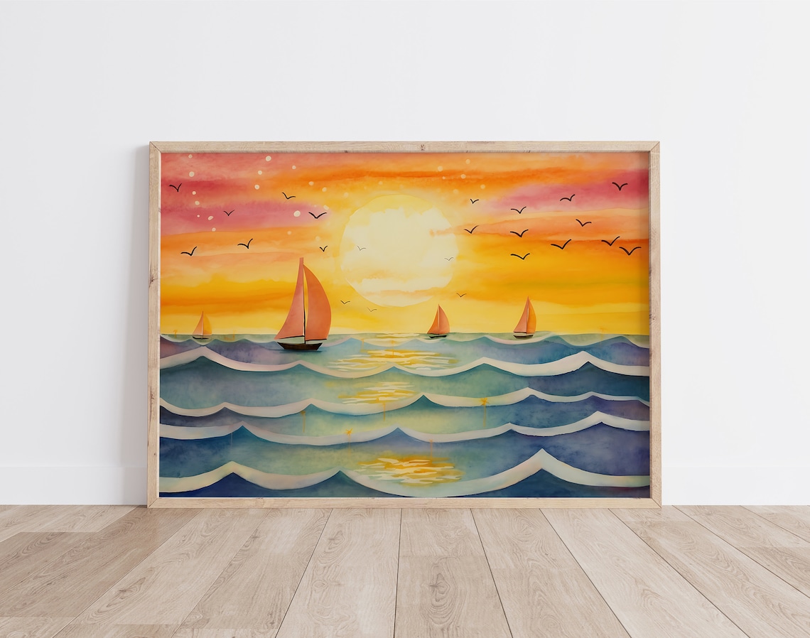 Sunset Beach Painting, Colorful Beach Landscape Art Print