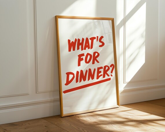 What's For Dinner Red Brush Script Minimalist White Kitchen Poster