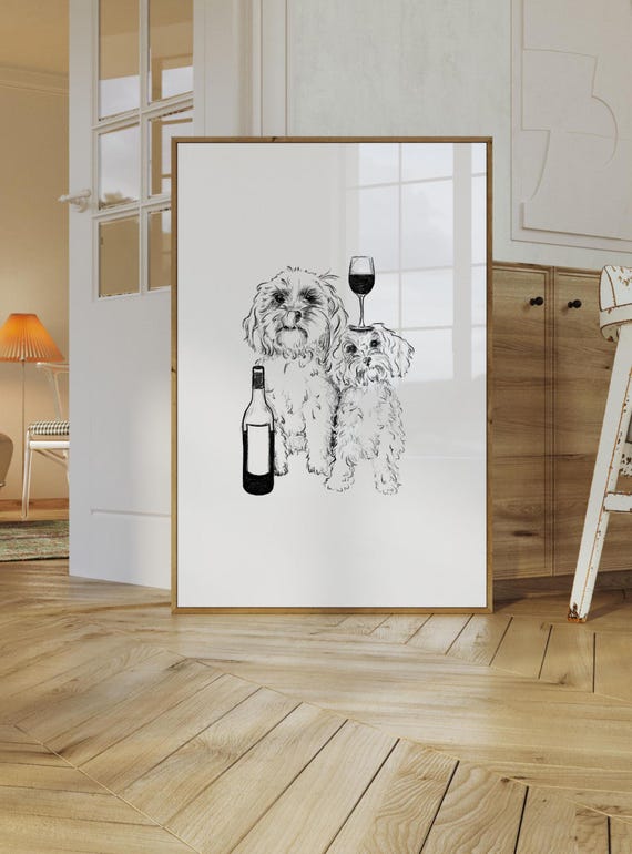 Cavapoo Dogs And Wine Drawing, Art Print