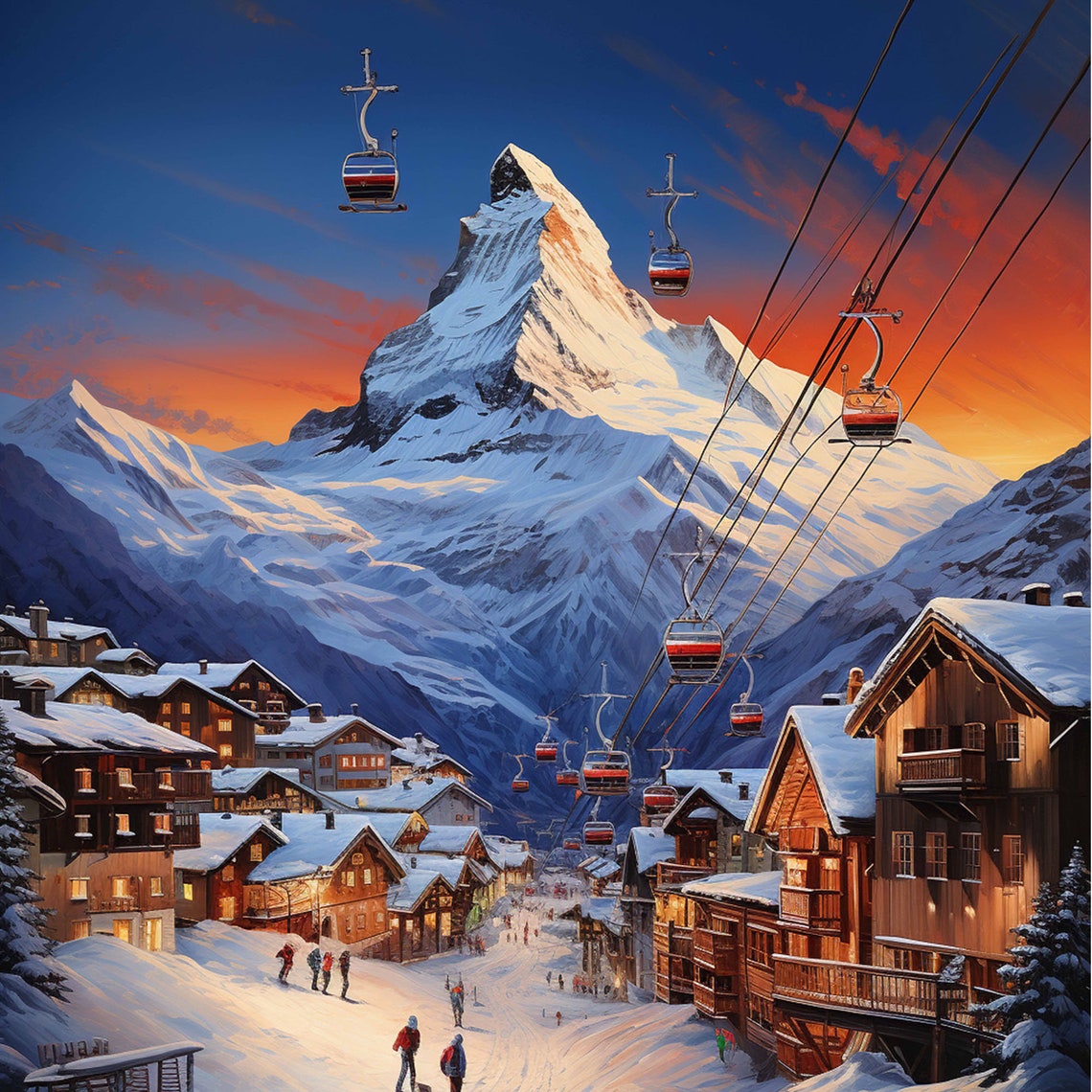 Cervinia Italy Ski Resort Alps Mountain Gondolas Travel Poster - Image 4