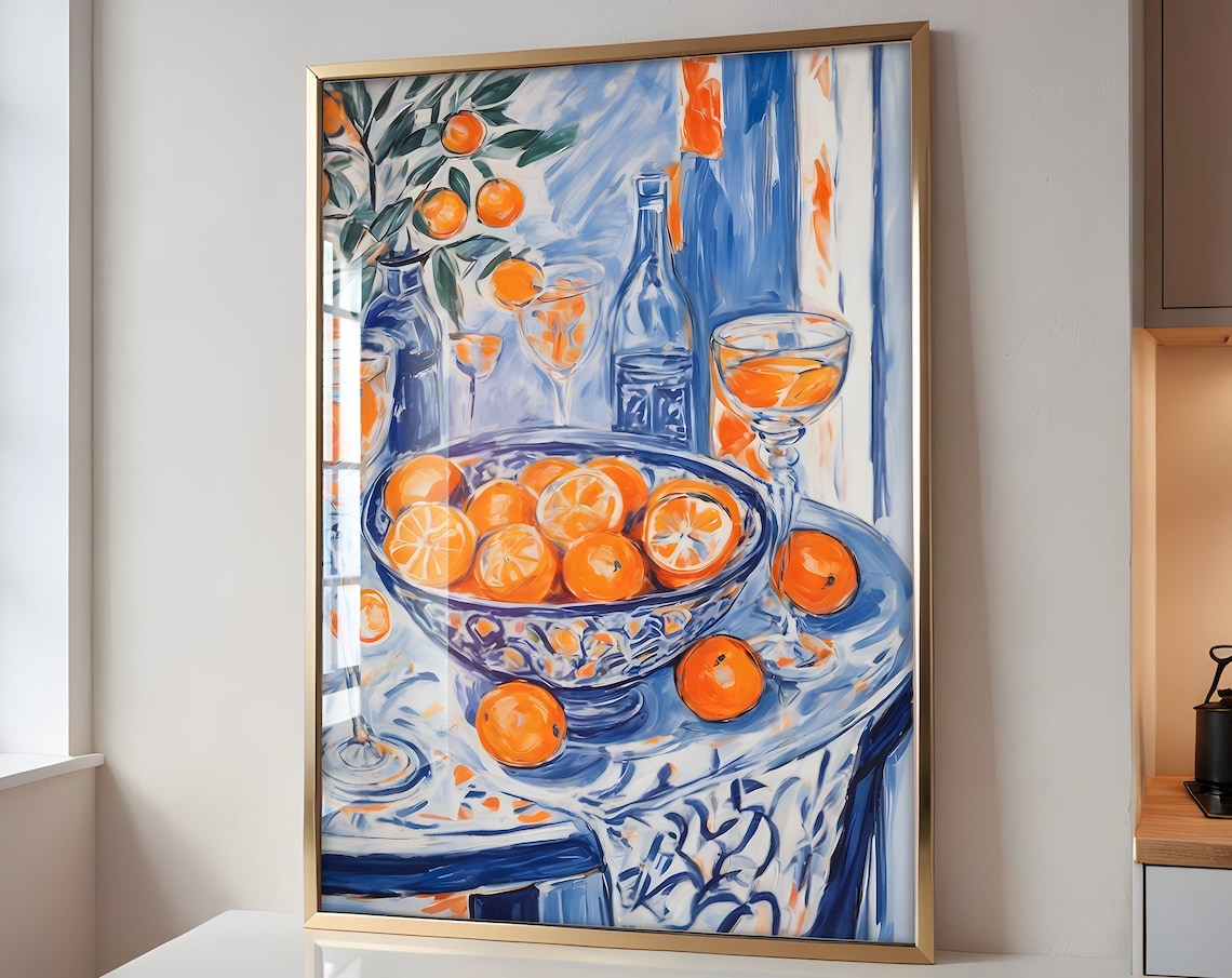 Blue and Orange Citrus Still Life Matisse Inspired Abstract Poster