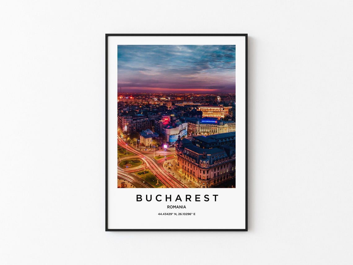 Bucharest Romania Night City Lights Dusk Skyline Photo Poster