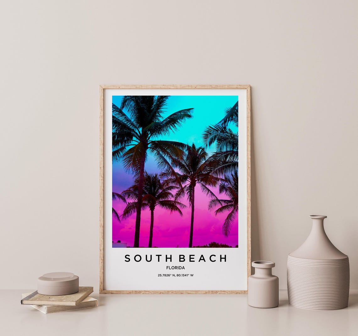 South Beach Florida Palm Silhouettes Pink Sunset Miami Beach Poster - Image 2