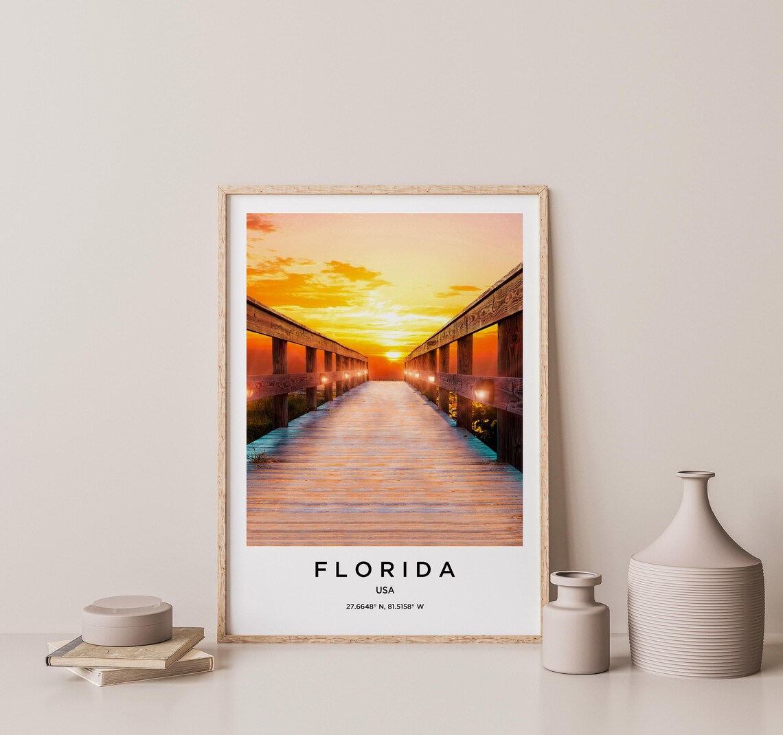Florida Golden Sunset Wooden Boardwalk Ocean Pier Scenic Poster - Image 2