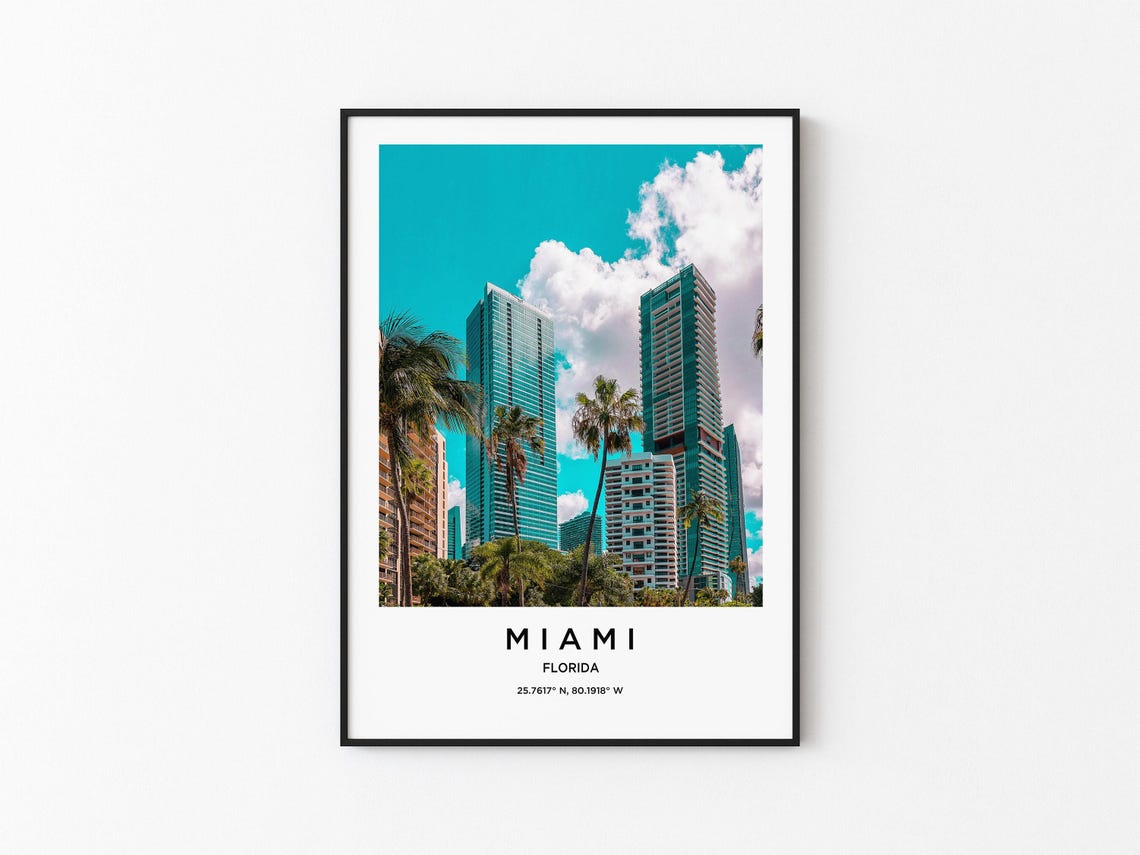 Miami Florida High Rise Palms Teal Sky Urban Minimalist Travel Poster