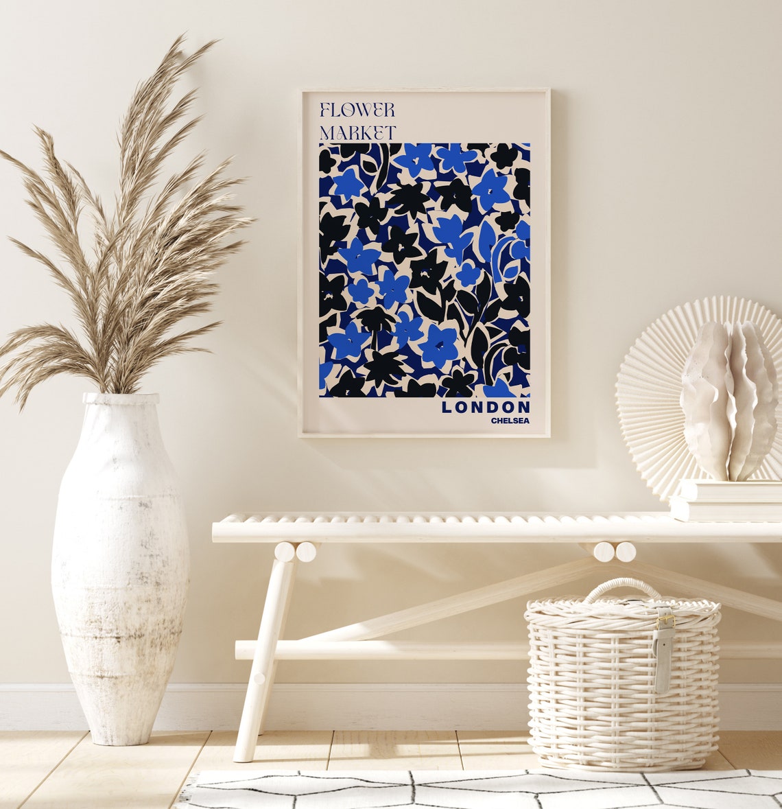 London Flower Market Chelsea Bold Blue Floral Pattern Poster - Image 3