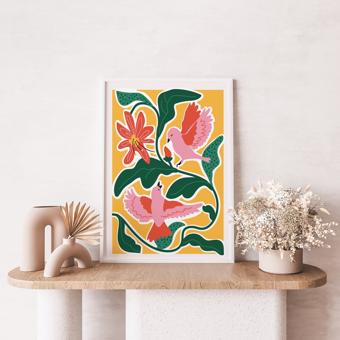 Tropical Pink Birds Red Lily Mustard Yellow Botanical Art Poster - Image 2