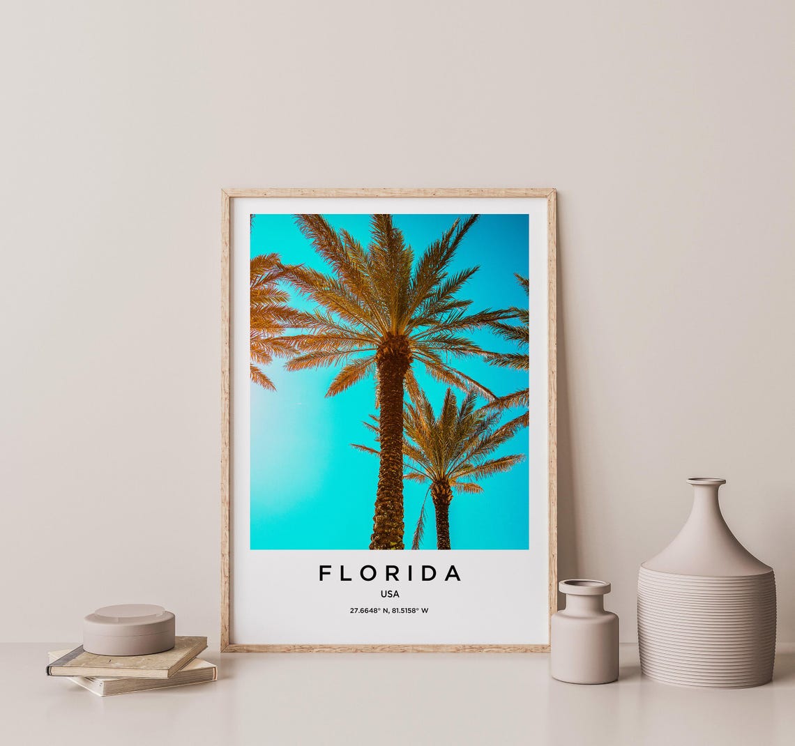Florida Tropical Palm Trees Against Bright Blue Summer Sky Poster - Image 2