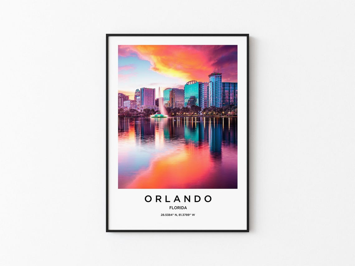Orlando Florida Lakeside Sunset Skyline Reflection Travel Poster