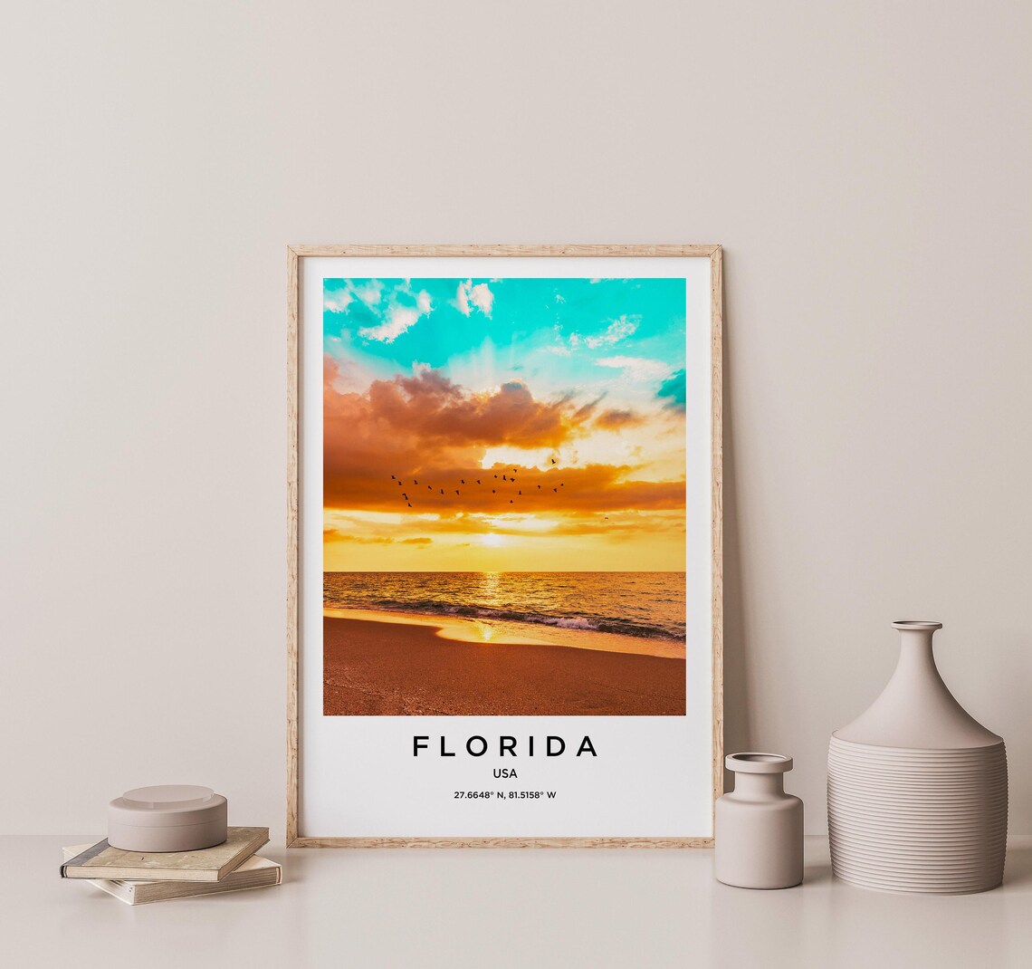 Florida USA Golden Sunset Beach and Birds Over the Ocean Poster - Image 2