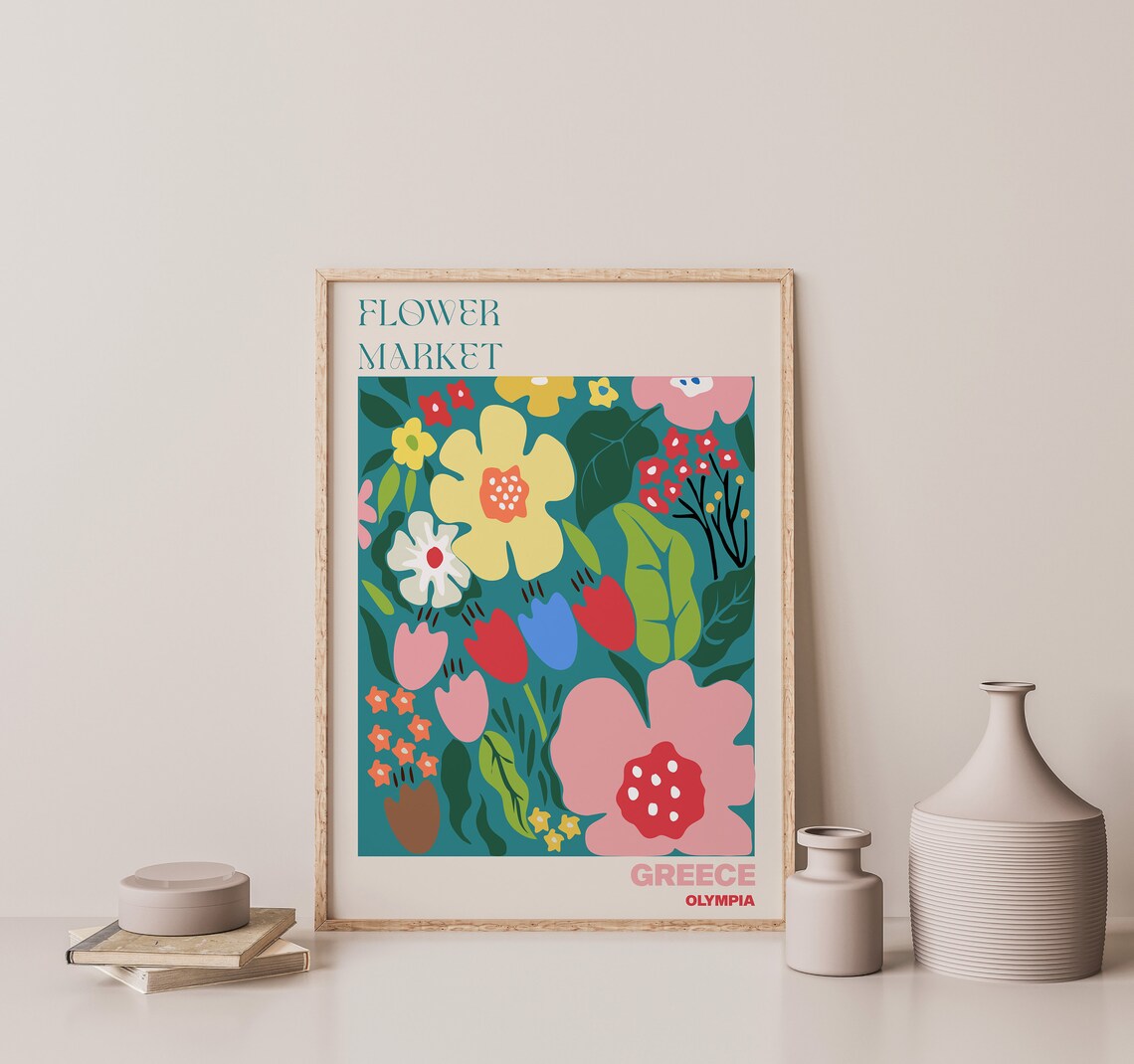 Greece Olympia Lively Bold Folk Art Teal Flower Market Poster - Image 3