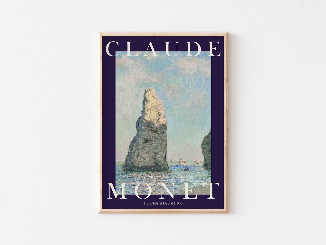 Claude Monet Cliffs at Etretat 1885 Navy Border Seascape Poster - Image 3