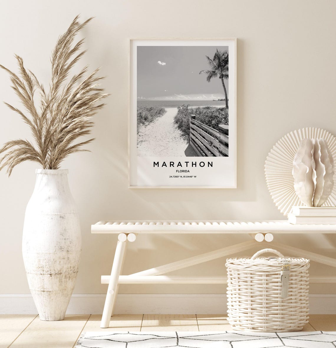 Marathon Florida Tropical Beach Path Palm Monochrome Coastal Poster - Image 3