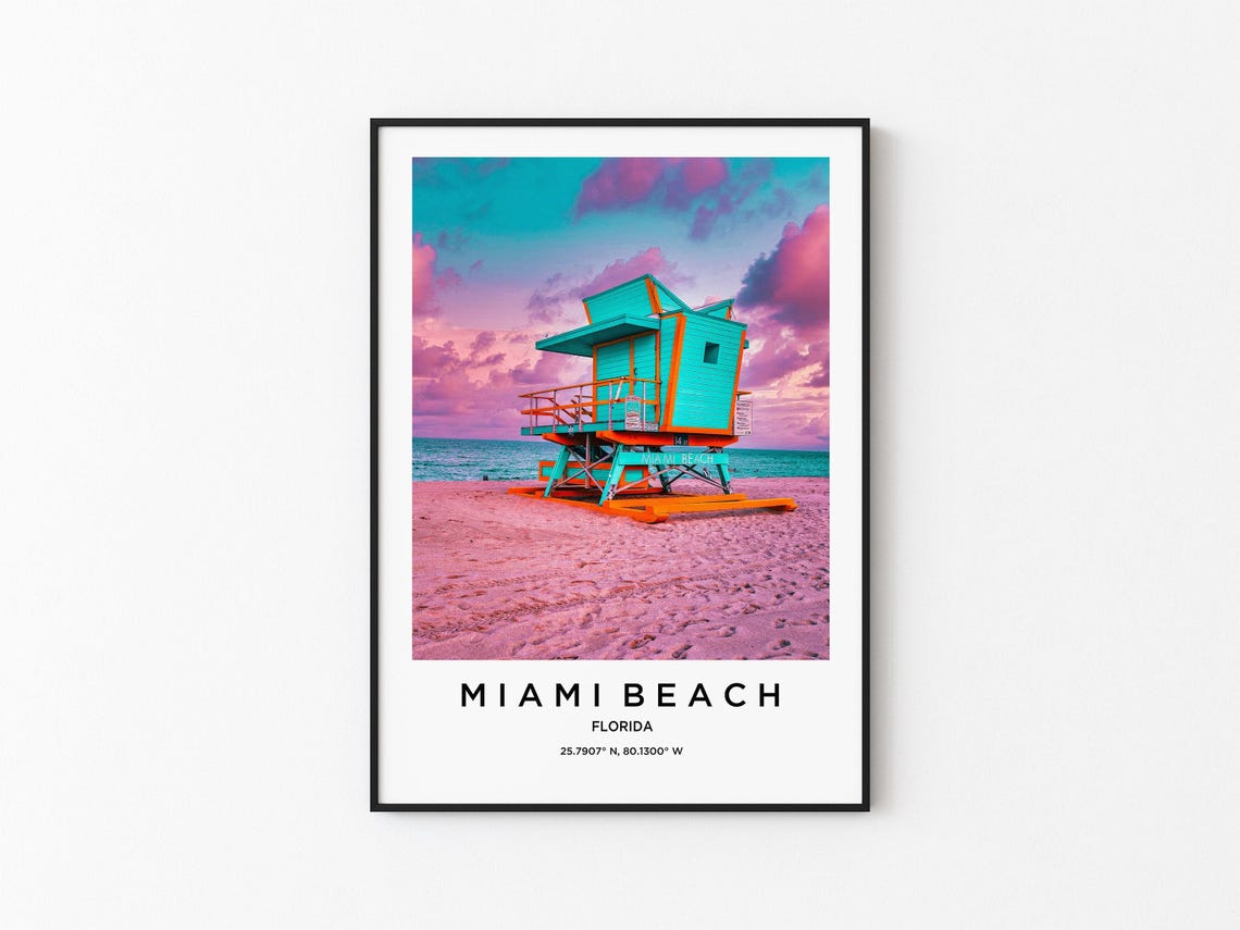 Miami Beach Lifeguard Tower Pink Sunset Sand Beach Photo Poster