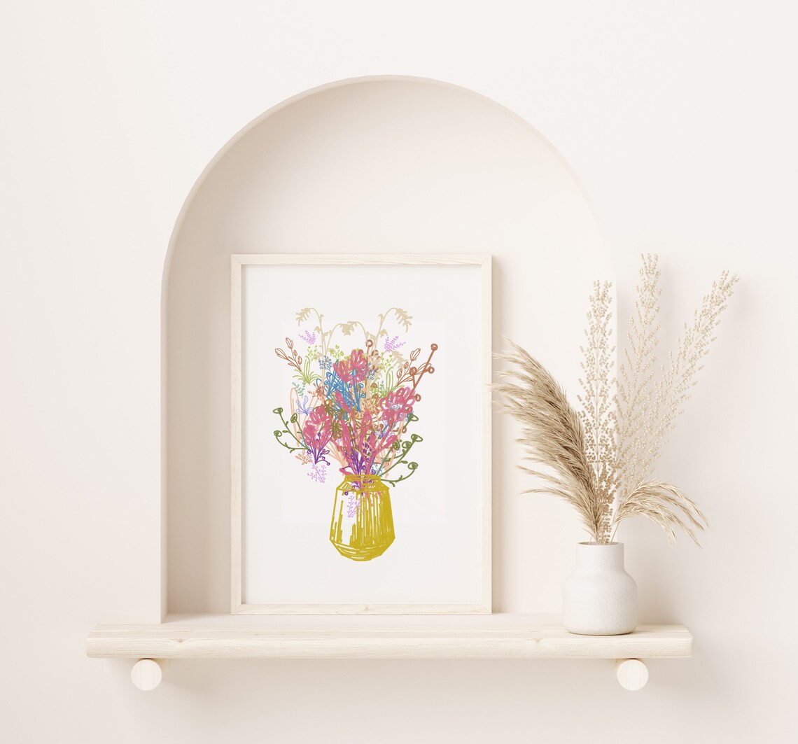 Colorful Wildflower Bouquet Mustard Vase Line Art Gallery Poster - Image 2