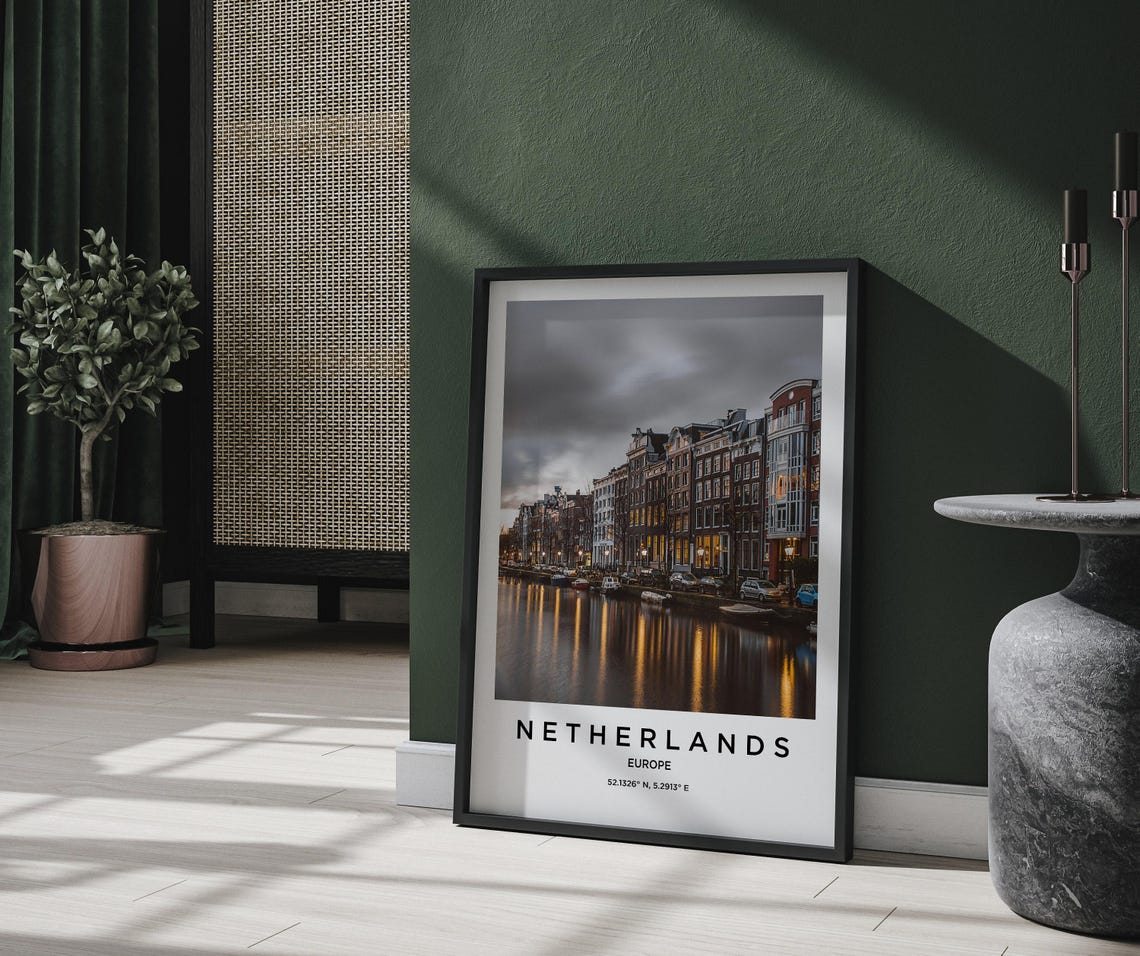 Netherlands Canal Row Houses Dusk Light Reflections Photo Poster - Image 2