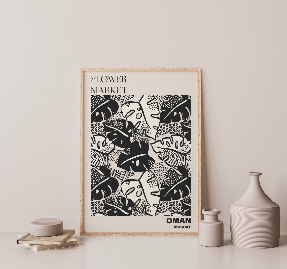 Oman Muscat Flower Market Monochrome Monstera Leaf Pattern Poster - Image 3