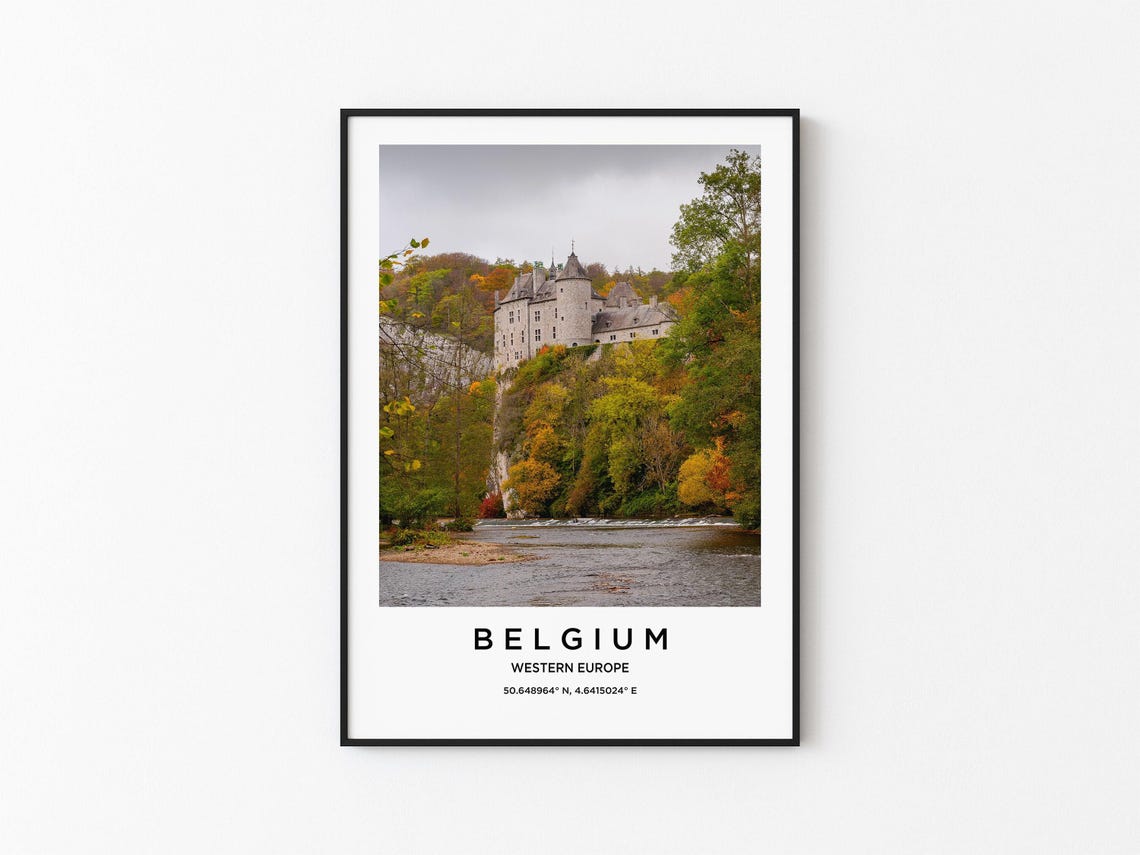 Belgium Western Europe Riverside Castle Autumn Hillside Poster