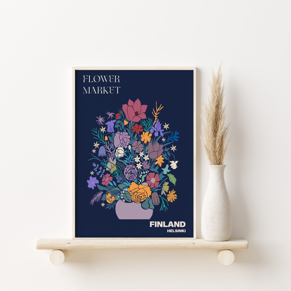 Helsinki Finland Flower Market Navy Botanical Bouquet Poster - Image 3