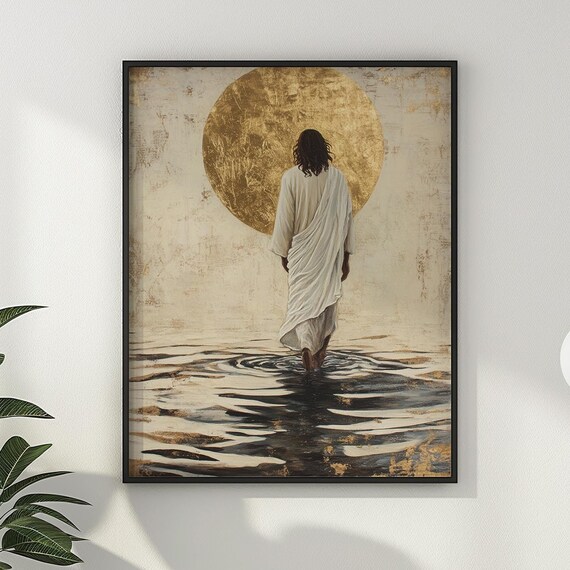 Jesus Walking toward Gold Sun on Water Minimalist Art Poster