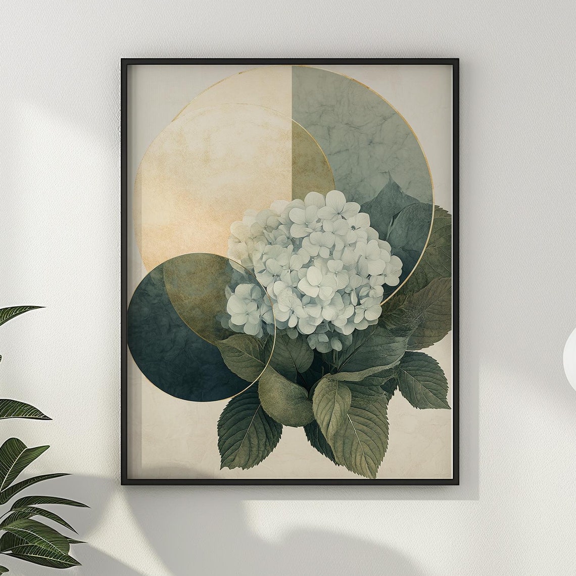 White Hydrangea Bloom and Golden Circles Modern Botanical Poster