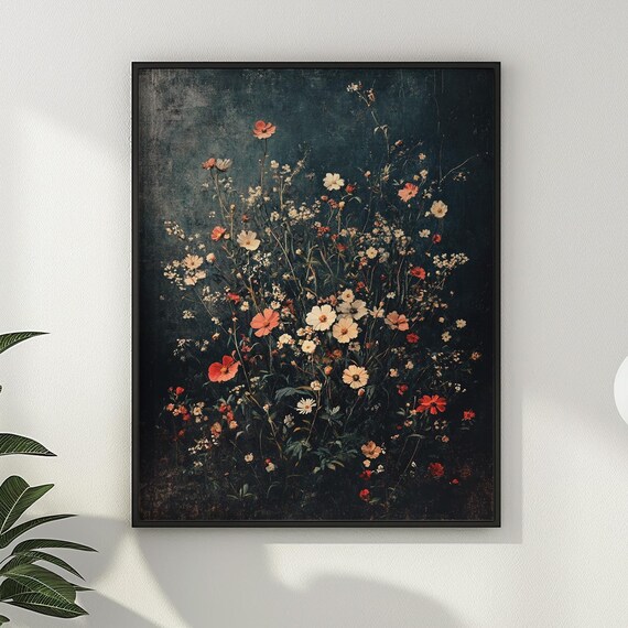 Moody Wildflower Bouquet Dark Background Vintage Oil Painting Poster