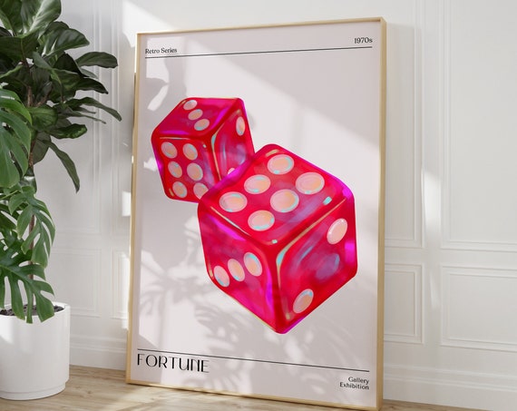 Dice Wall Art Feeling Lucky Poster Retro Abstract Print Vintage Euphoria Trendy Holographic Pink And Orange
