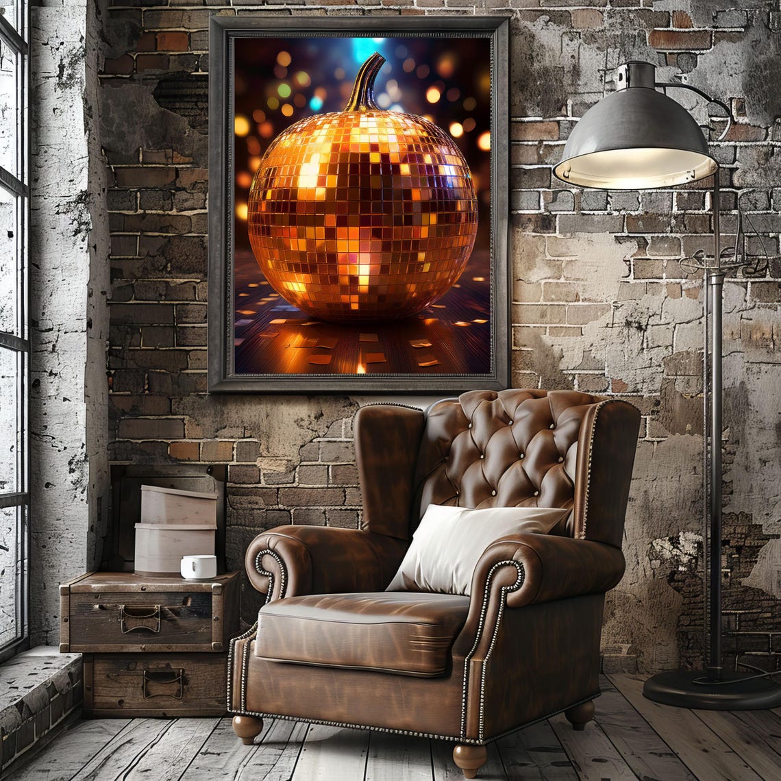 Disco Ball Pumpkin Mirror Tile Fall Party Night Scene Art Poster - Image 5
