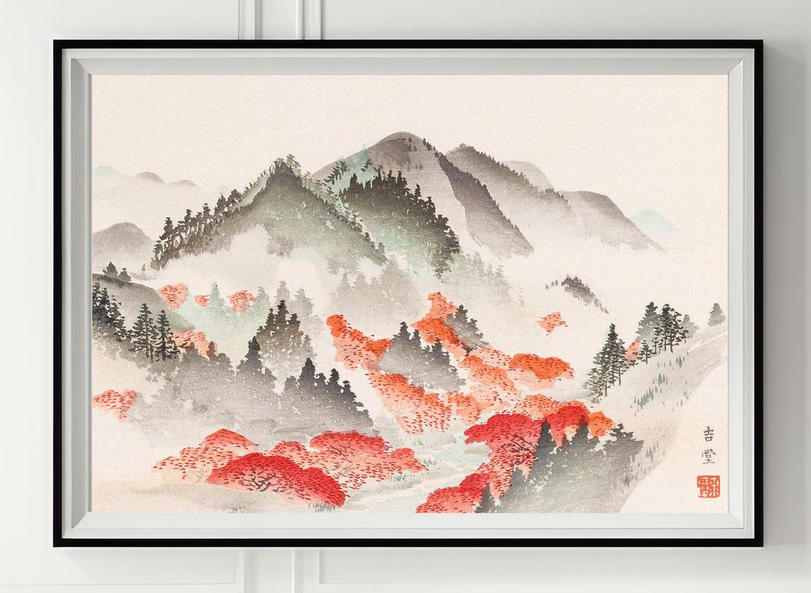 Japanese Misty Mountain Valley With Red Autumn Maples Art Poster - Image 5