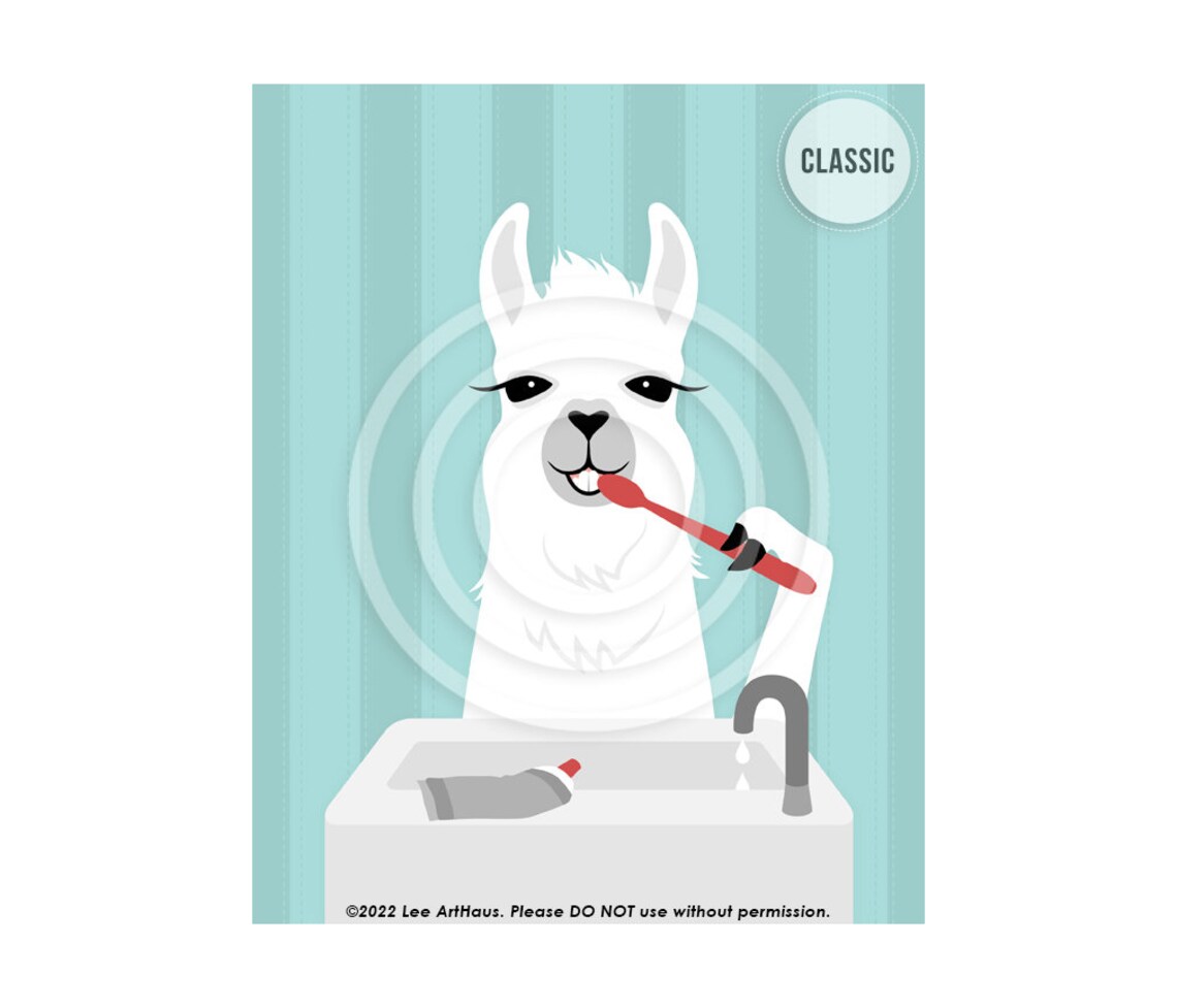 White Llama Brushing Teeth With Red Toothbrush Funny Animal Poster - Image 3