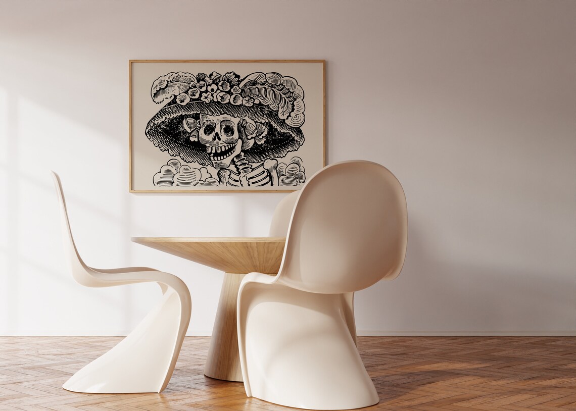 La Catrina Skull Flower Hat Vintage Line Art Halloween Wall Poster - Image 3