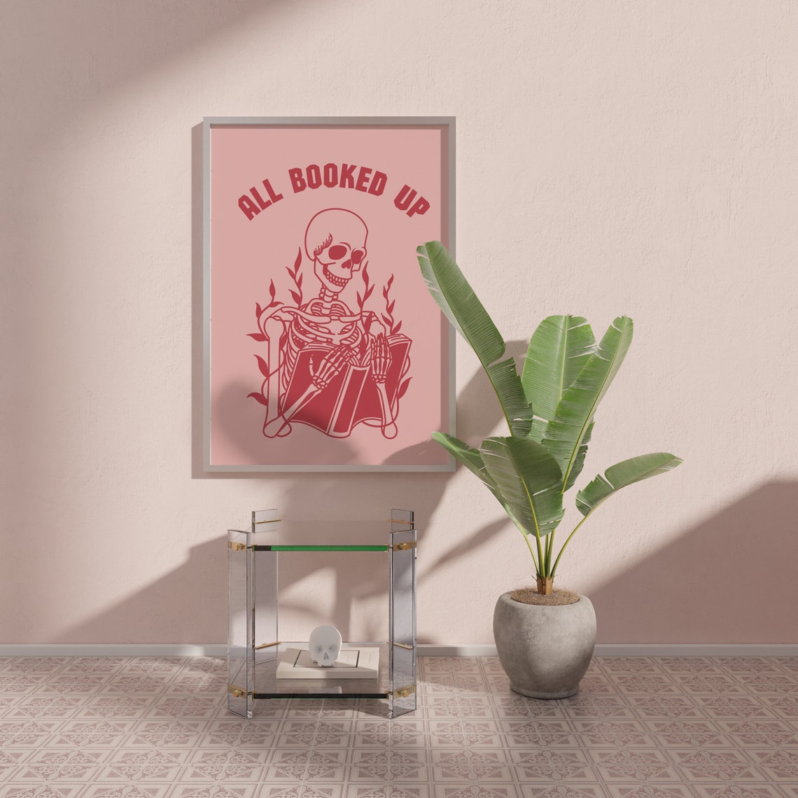 All Booked Up Pink Skeleton Reading Retro 70s Book Lover Wall Poster - Image 3