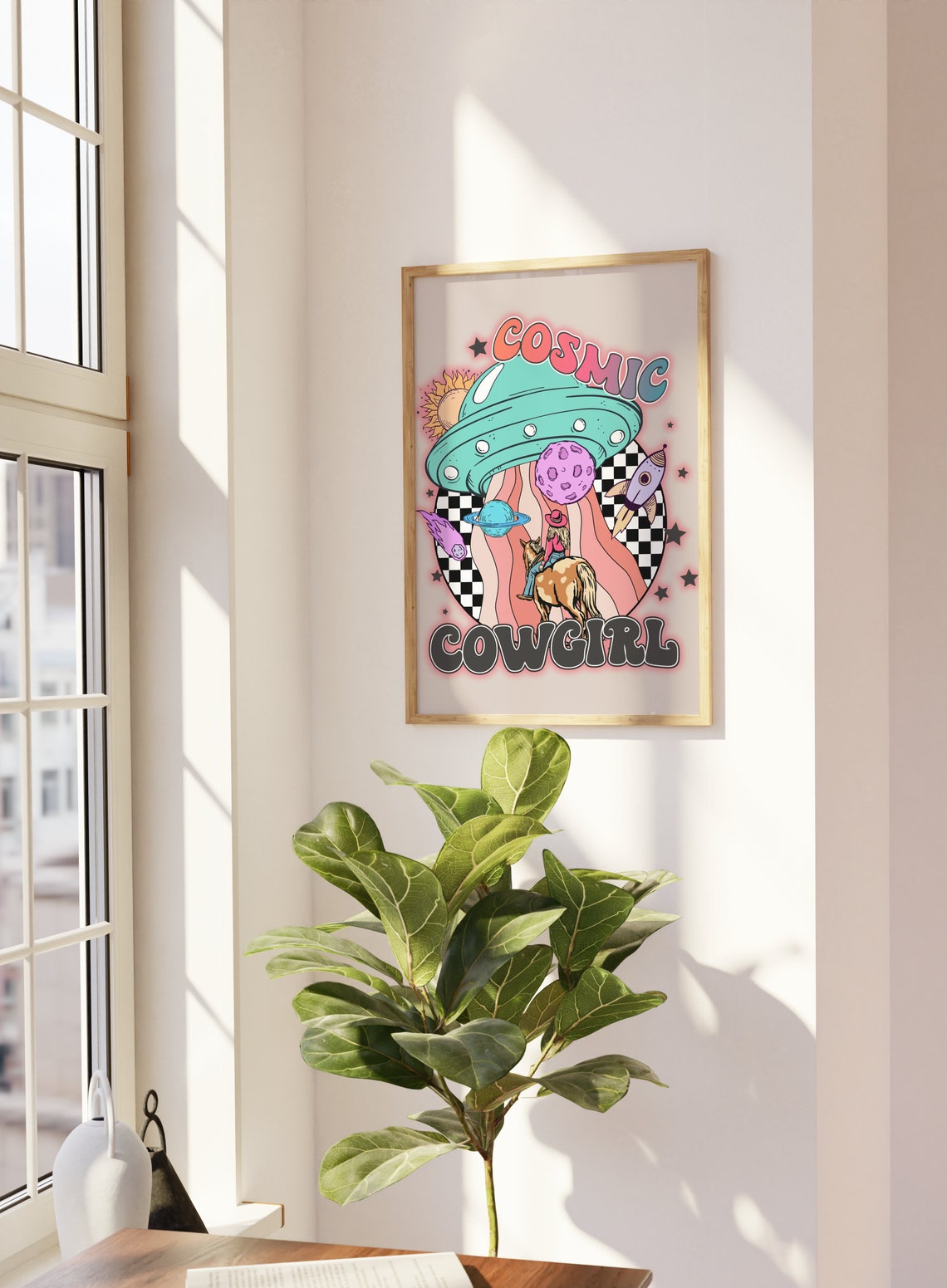 Cosmic Cowgirl Print Groovy Cowgirl On Horse Wall Art Trendy Prints Teal Colorful Poster Preppy Wall Art Cowgirl Print - Image 3