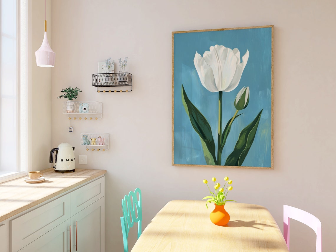 White Tulip Blue Background Elegant Minimalist Floral Bloom Poster - Image 2