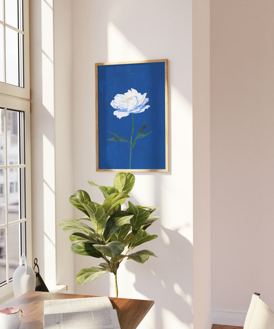 White Bloom Cobalt Blue Background Hand Drawn Floral Art Poster - Image 2