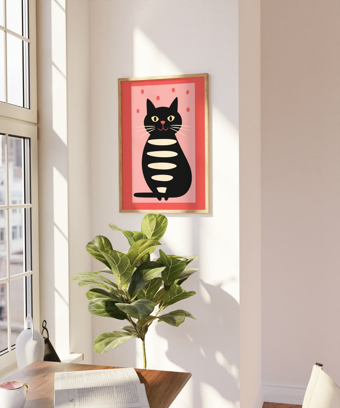 Black Cat Cream Stripes Pink Mid Century Modern Cute Feline Poster - Image 2