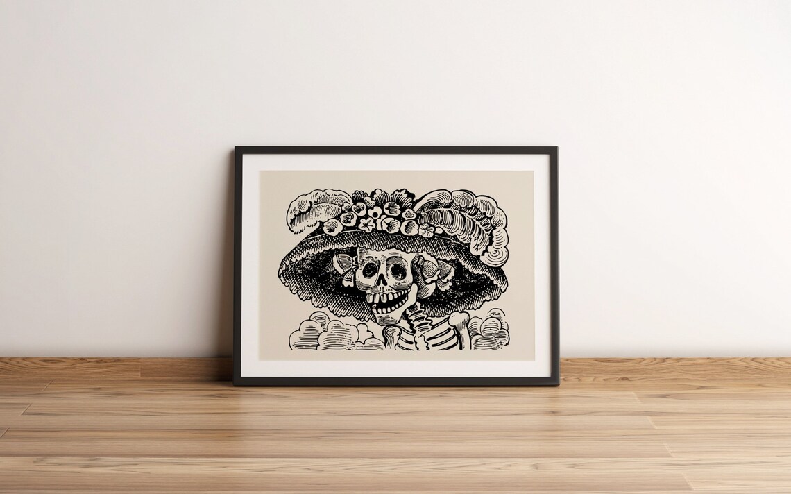 La Catrina Skull Flower Hat Vintage Line Art Halloween Wall Poster - Image 2