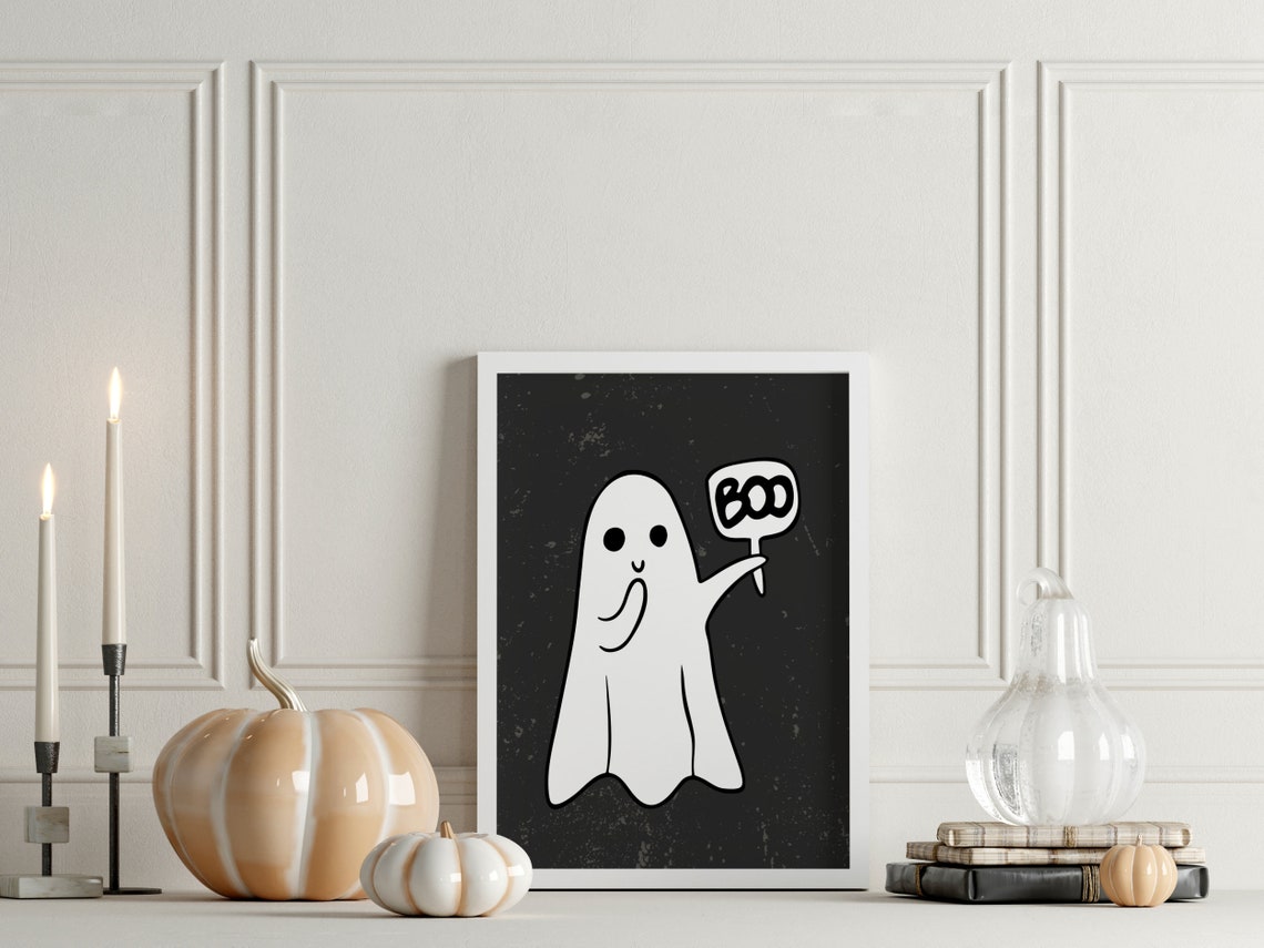 Boo Ghost Sign Cute Spooky Black Background Halloween Art Poster - Image 3