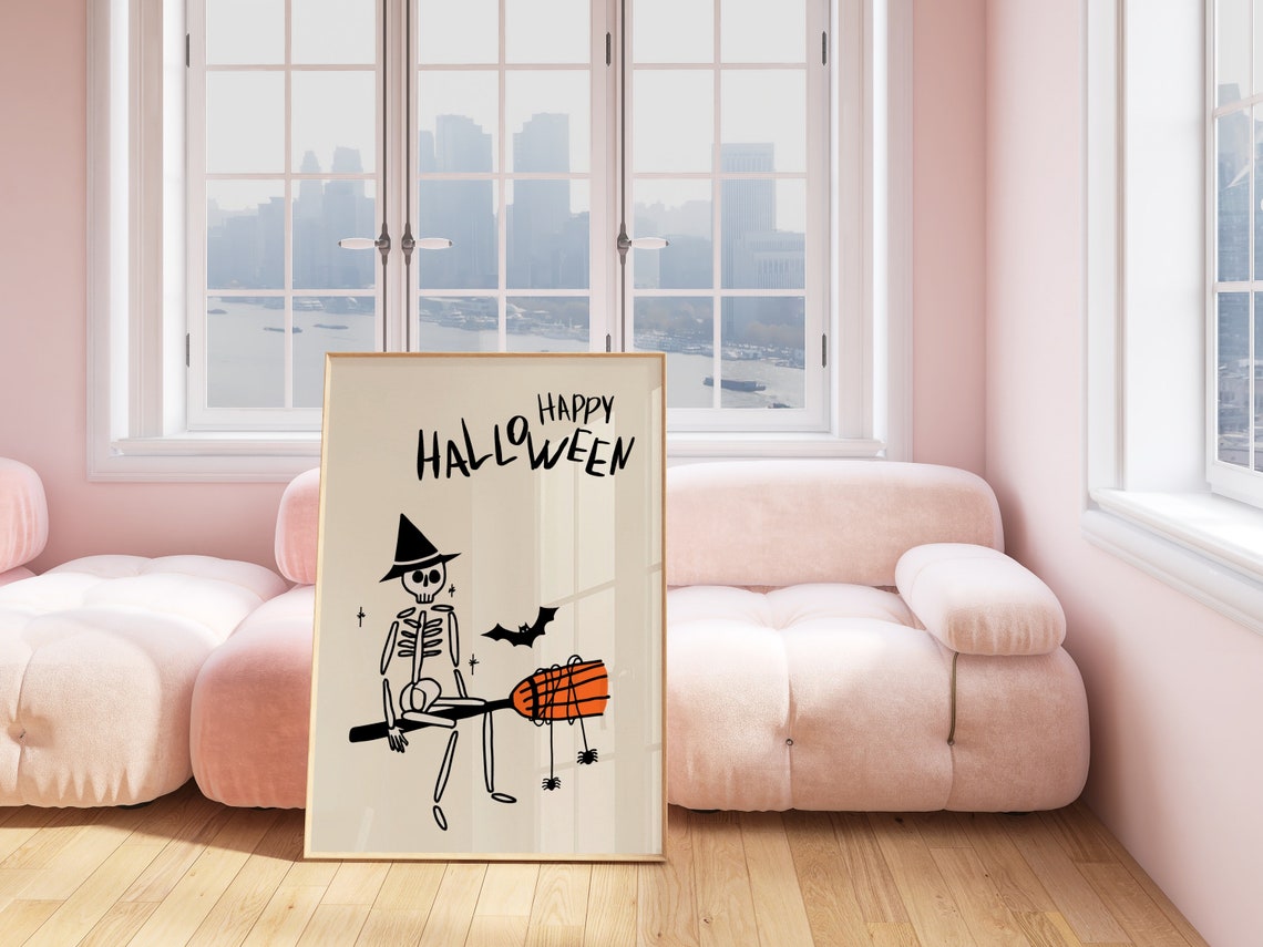 Happy Halloween Skeleton Witch Broom Cute Retro Spooky Art Poster - Image 2